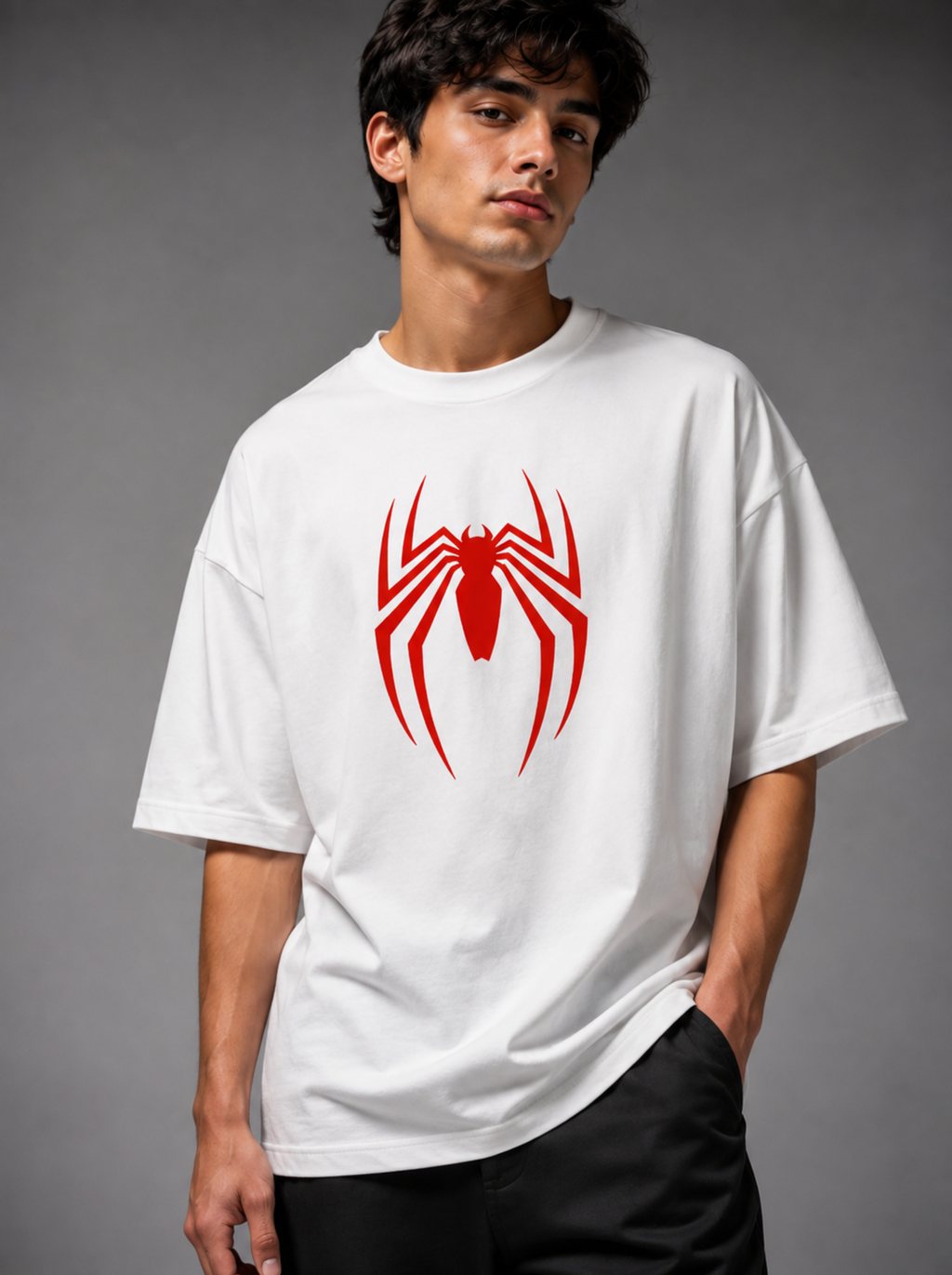A man wearing a white oversized t-shirt with a red spider logo on the chest, paired with black pants, set against a solid gray studio background.