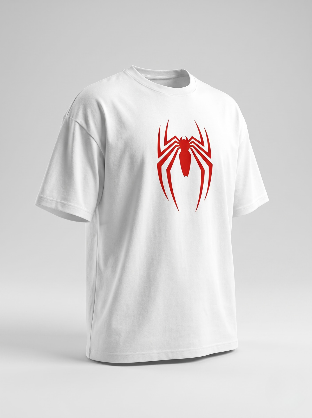 A white short-sleeve crewneck t-shirt featuring a stylized red spider logo printed on the center chest, displayed on a neutral light gray background.